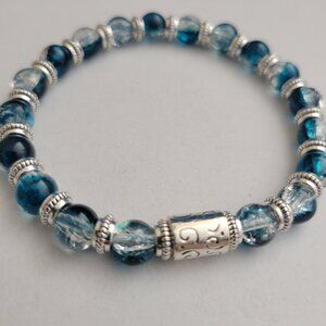 NWT Mens Blue And Silver Crackle Glass Bead Stretch Bracelet Exclusive S/M, L/XL